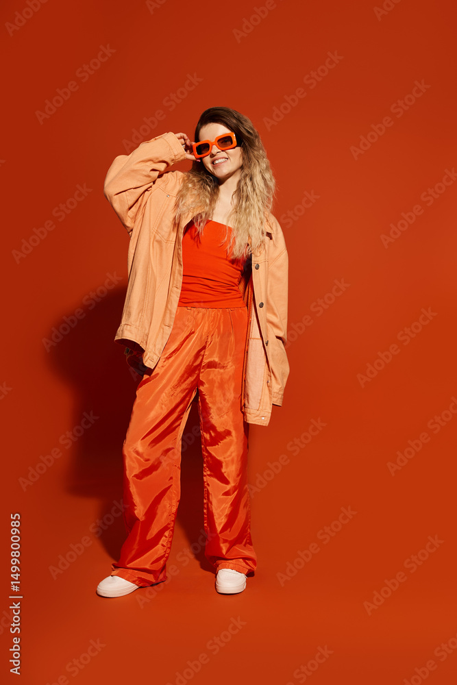 Obraz premium Vibrant fashion moment with a stylish young woman on a striking orange backdrop