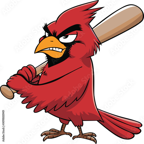 A lively illustration of a cardinal character ready for action with a baseball bat. This design is perfect for sports teams, merchandise or any project that combines wildlife with playful energy