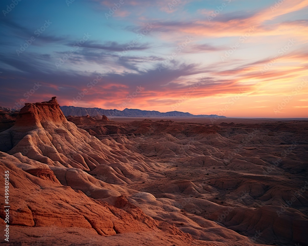 Naklejka premium awe-inspiring metamorphosis of arid terrain at dusk, adorned with intensifying hues, elongated silhouettes, and tranquility that accompanies impending darkness