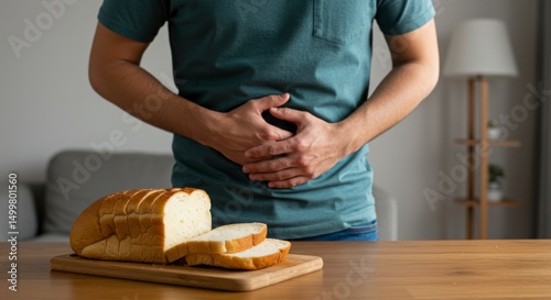 Stomach pain after eating bread common digestive issues home kitchen health concerns indoor setting close-up view nutritional awareness