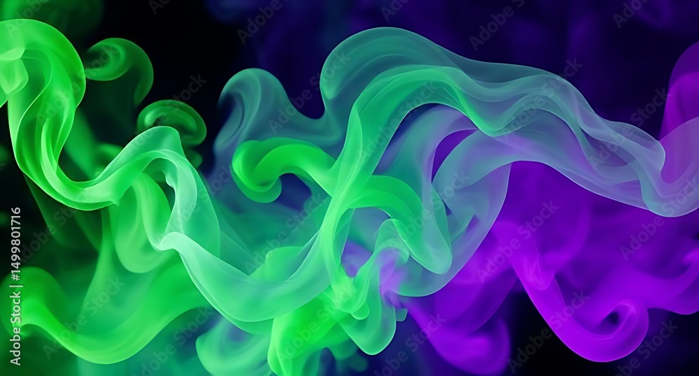 Colorful swirls of green, purple and black smoke in abstract art formation, background Colorful swirls of green, purple and black smoke in abstract art formation, background