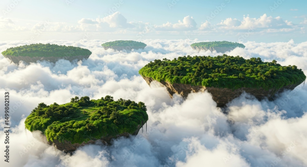 Fototapeta premium Floating islands with lush green trees above soft clouds in a bright sky, a fantasy panoramic landscape and nature escape concept.