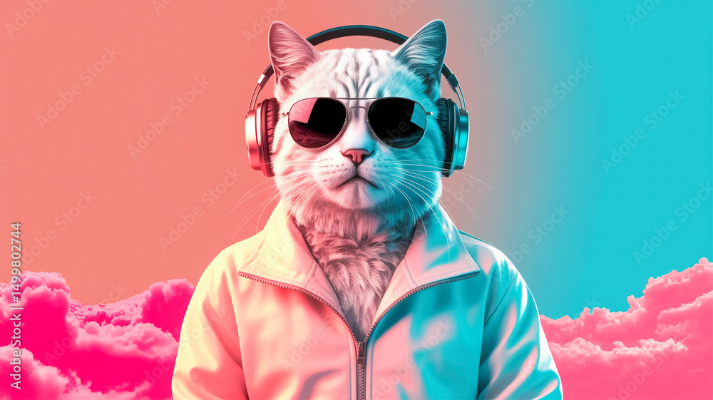 Fototapeta premium A stylized digital art image of a white cat wearing a light pink zip-up jacket and black aviator sunglasses.