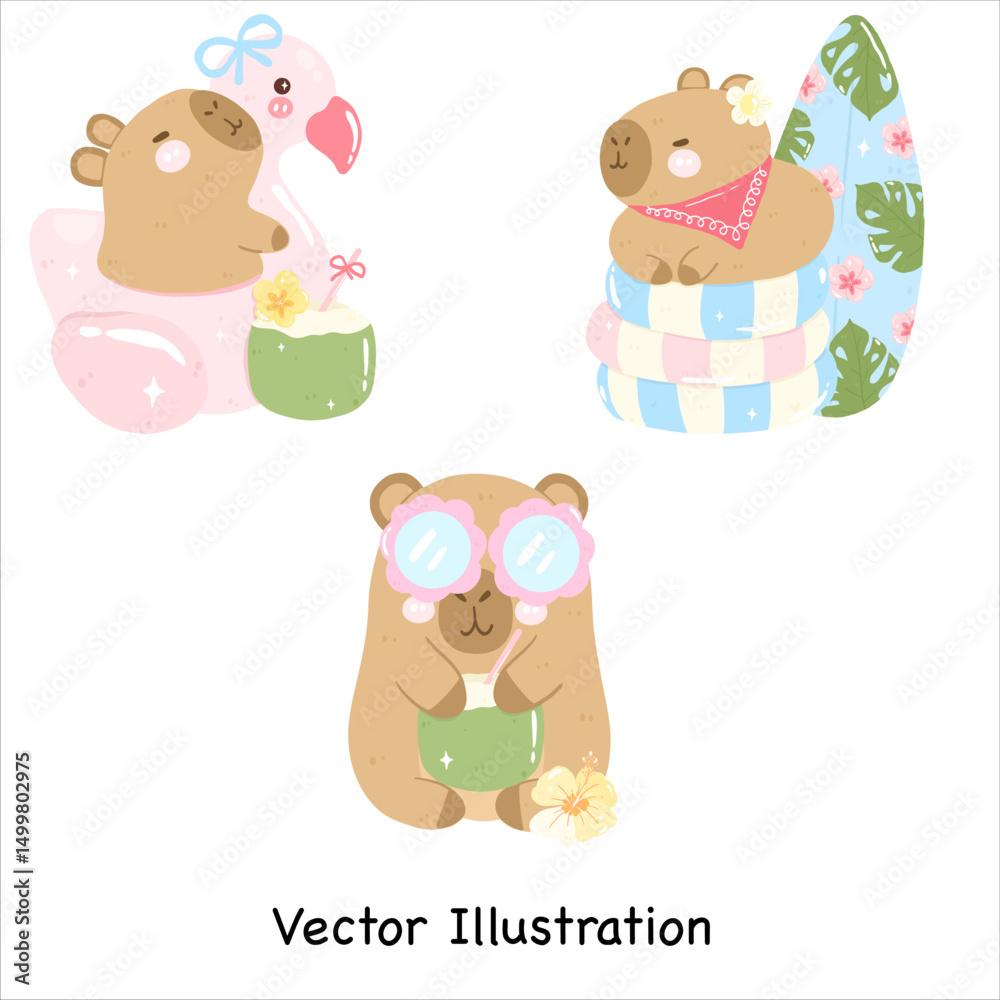 Naklejka premium Summer Capybara Collection | Cute Animal Capybara | Summer Beach Element | Capybara Vector | Summer Vector Illustrator | Aloha Tropical Design