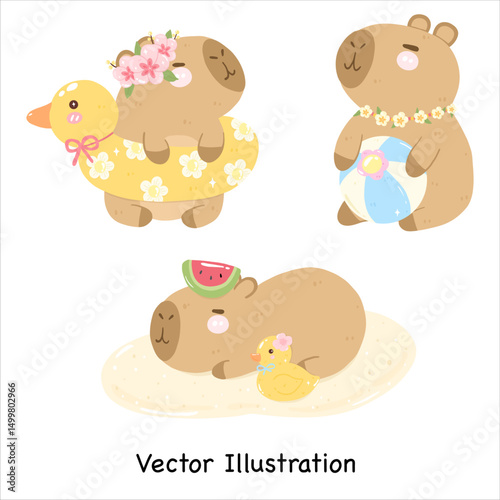 Summer Capybara Collection | Cute Animal Capybara | Summer Beach Element | Capybara Vector | Summer Vector Illustrator | Aloha Tropical Design