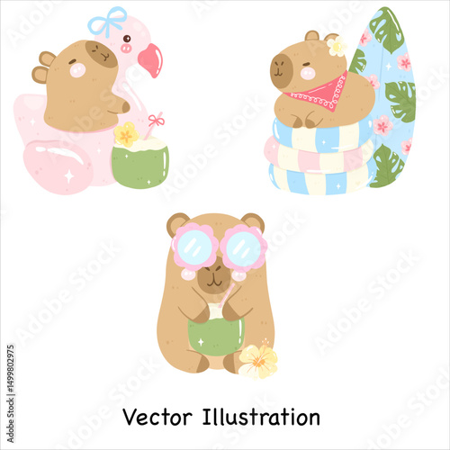 Summer Capybara Collection | Cute Animal Capybara | Summer Beach Element | Capybara Vector | Summer Vector Illustrator | Aloha Tropical Design
