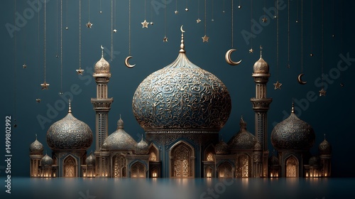Magical islamic background with mosque in gold and teal ornaments for ramadan kareem