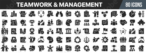 Teamwork and management black icons collection. Big UI icon set in a flat design. Vector illustration EPS10