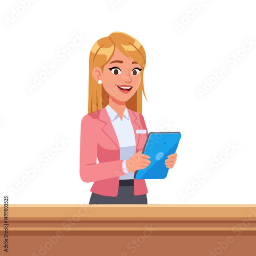 Smiling woman receptionist cartoon holding mobile tablet at hotel front desk, vector art on white