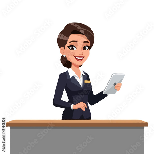 Vector Illustration of Friendly Smiling Woman Receptionist Standing at Hotel Desk Holding Mobile Tablet on White Background