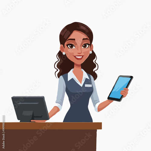 Cartoon friendly woman receptionist character with mobile tablet at hotel reception desk, isolated on white background, vector art