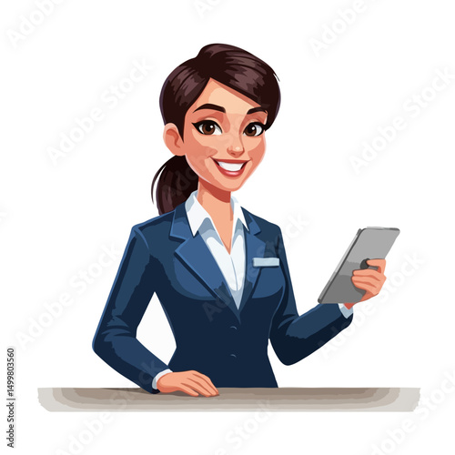 Hotel Front Desk Receptionist Woman Holding Tablet, Vector Illustration