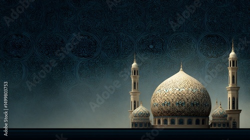 Serene Mosque Silhouette Against an Ornate Islamic Pattern Backdrop Image