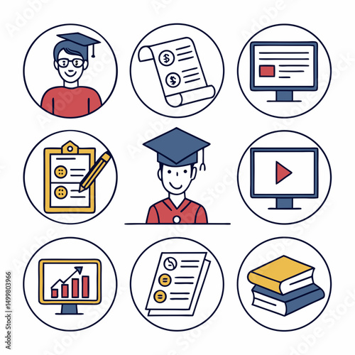 Online education icons students learning graduation
