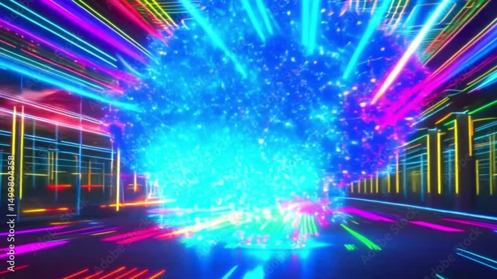 In a vast corridor of glowing neon grids and brilliant beams of light, a surreal, cloud-like formation sits at the center, pulsating with energy and digital constructs. This cloud, aglow with an ether