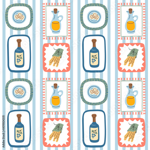 Whimsical Italian food pattern with wine bottle, olive oil, pasta and breadsticks in framed layout, ideal for kitchen decor, packaging, or Mediterranean-themed designs.
