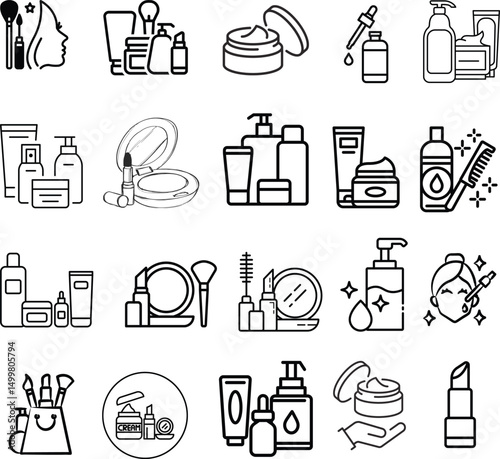 Cosmetic and Beauty Product Line Icons Set – Skincare, Makeup, Hygiene Essentials