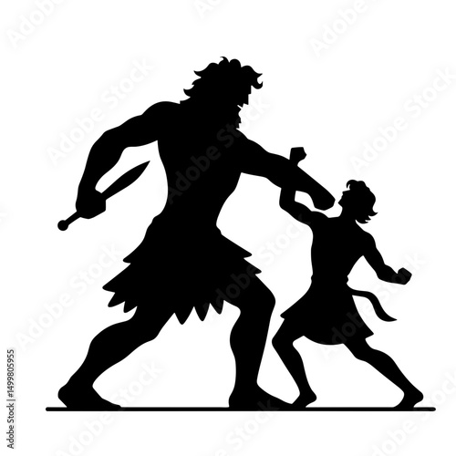 David fighting Goliath, Old Testament, black silhouette vector on transparent background