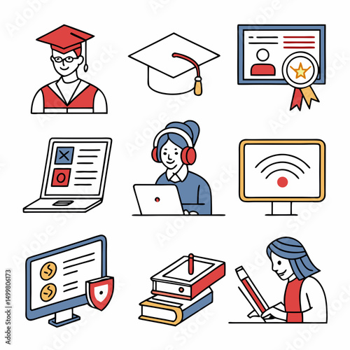 Online education icons graduation certificate learning