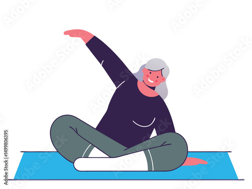 Happy Senior Woman Doing Yoga on Blue Mat Vector Illustration