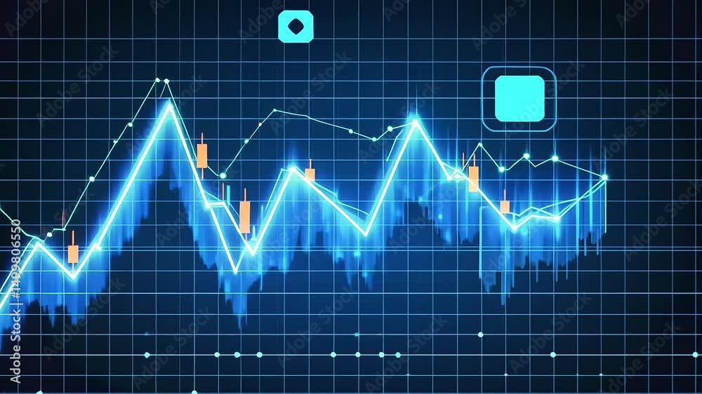 Glowing blue candlestick chart on dark digital grid background Glowing blue candlestick chart on dark digital grid background