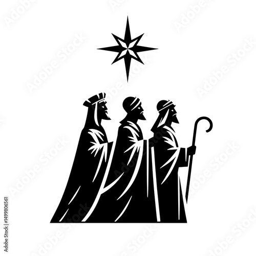 The Three Wise Men following the star, New Testament plot, black silhouette vector on transparent background