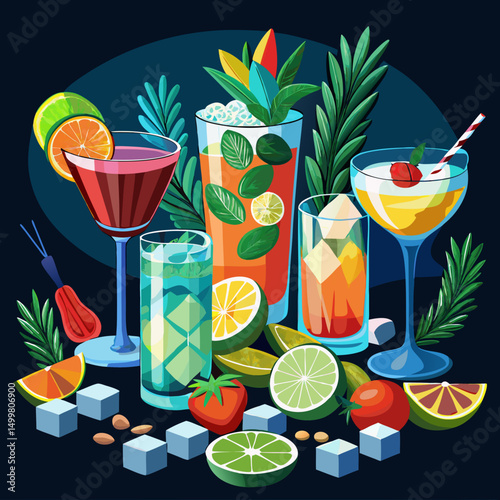 Assortment of Colorful Summer Cocktails with Fresh Fruits