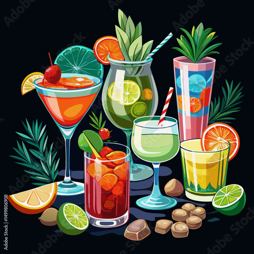 Assortment of Colorful Tropical Cocktails and Summer Drinks