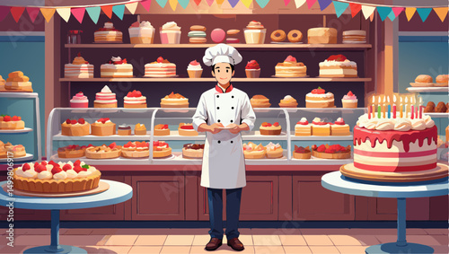 Happy baker in a pastry shop with delicious cakes