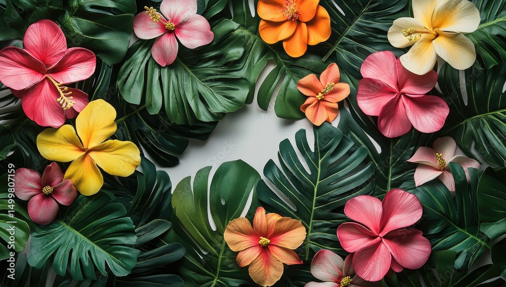 Fototapeta premium Vibrant tropical flowers and leaves frame a white space