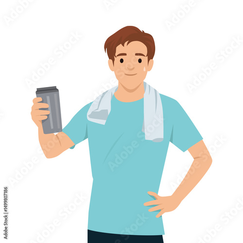 Man in workout attire takes a refreshing break, holding a water bottle and wearing a towel. Flat vector illustration isolated on white background