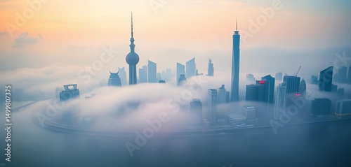 Lujiazui skyline shrouded in morning mist, Shanghai, low, image