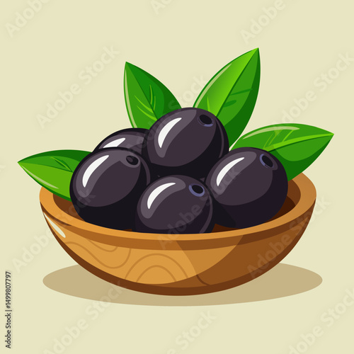 Fresh Black Olives in Wooden Bowl with Green Leaves