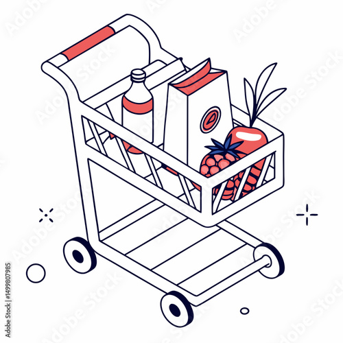 Shopping cart with groceries isometric illustration