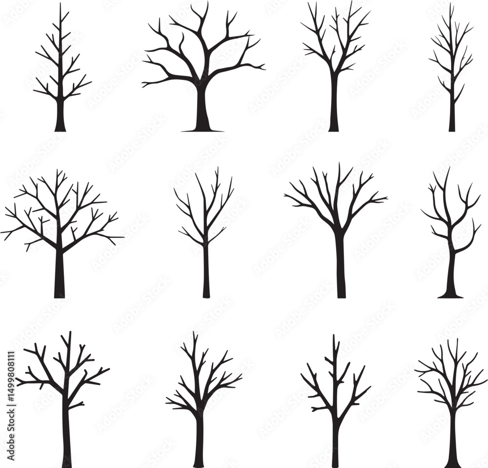Obraz premium Bare Tree Silhouette Collection – Winter Trees and Leafless Branches Vector Set