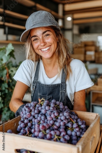 Young woman smiling while working with fresh grapes in a harvest warehouse