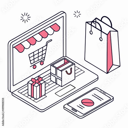 Online shopping laptop gift box bag mobile phone isometric illustration