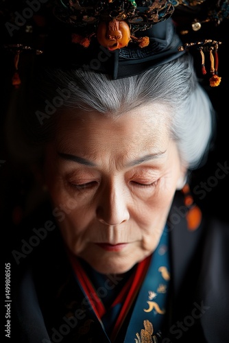 Elderly woman in traditional attire focused on culture at a heritage event