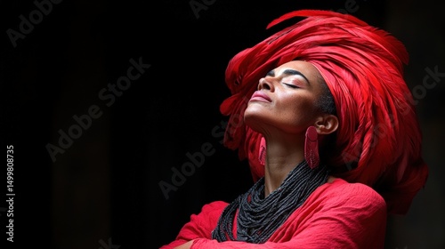 Elegant woman in vibrant red attire showcases cultural heritage during festival celebration