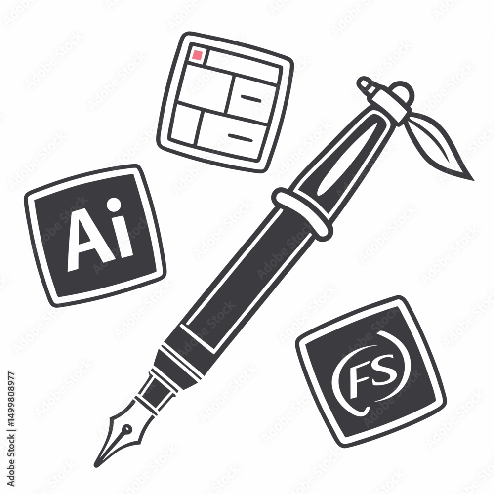 Fountain pen with adobe illustrator and photoshop icons