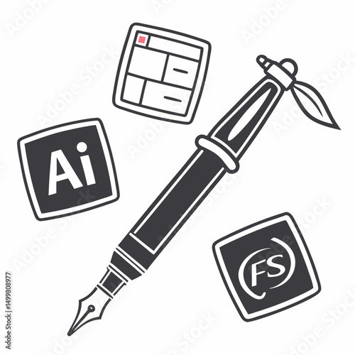Fountain pen with adobe illustrator and photoshop icons