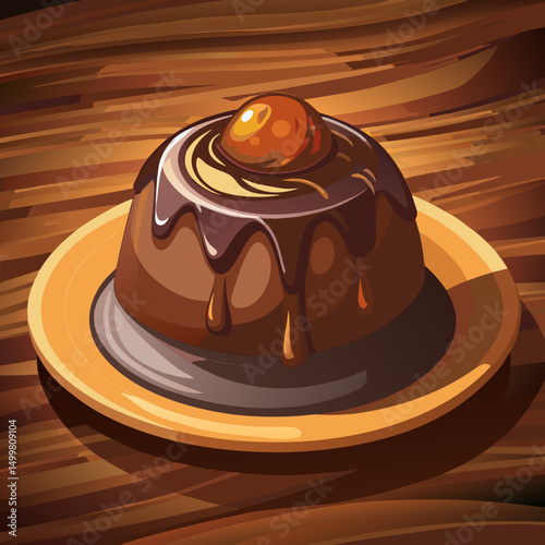 Delicious Chocolate Dessert with Caramel Topping on Wooden Table