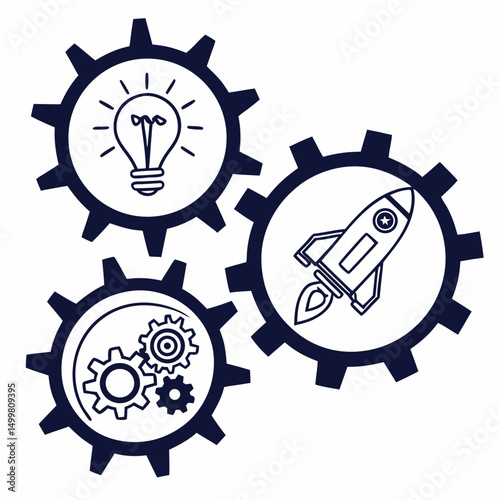 Idea innovation startup rocket launch gears teamwork