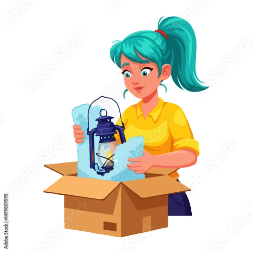 Cartoon woman wrapping lamp with bubble wrap and placing in cardboard box, vector art on white