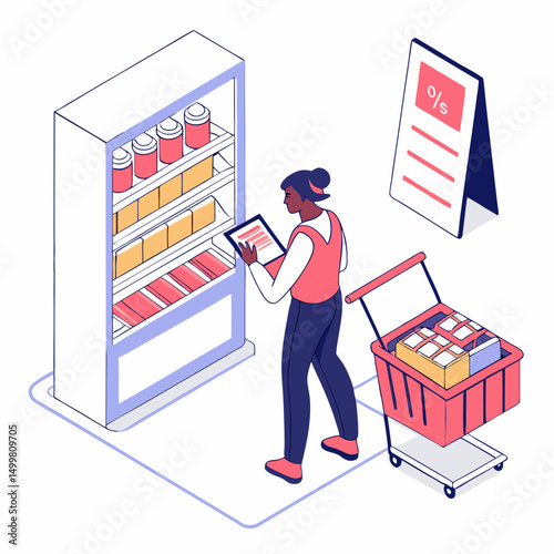Woman shopping using tablet in grocery store
