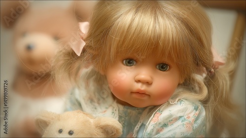 Adorable blonde doll with pigtails sits sweetly beside a plush teddy bear, showcasing childlike innocence and heartwarming charm.