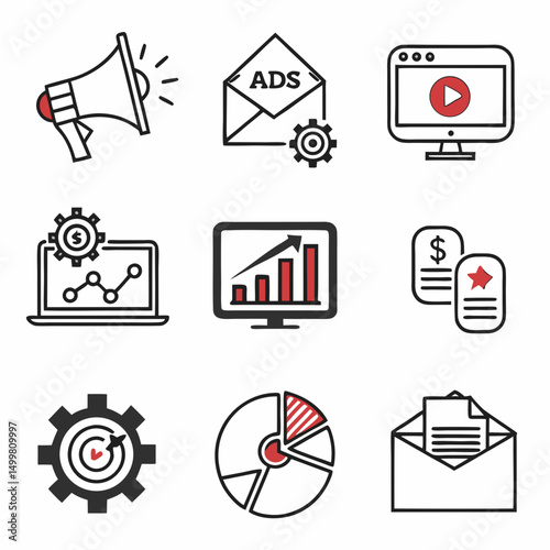 Digital marketing icons set strategy growth ads