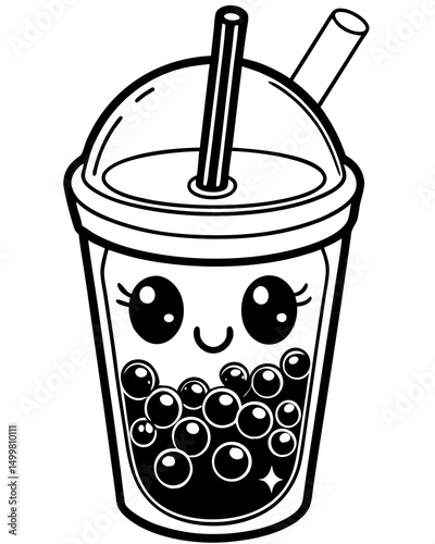 Adorable Cartoon Boba Tea Cup with Straw Coloring Page