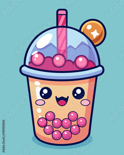 Cute Cartoon Boba Tea Cup with Pink Pearls and Straw