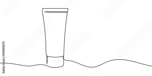 Simple continuous line drawing of a skincare tube standing upright with a clean, minimalist design. Continuous line skincare tube icon. Vector illustration